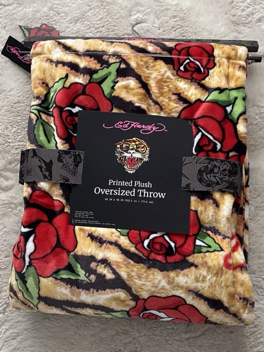 Ed Hardy Oversized Plush Throw Blanket Tiger Stripes Print W/Red Roses Logo NEW